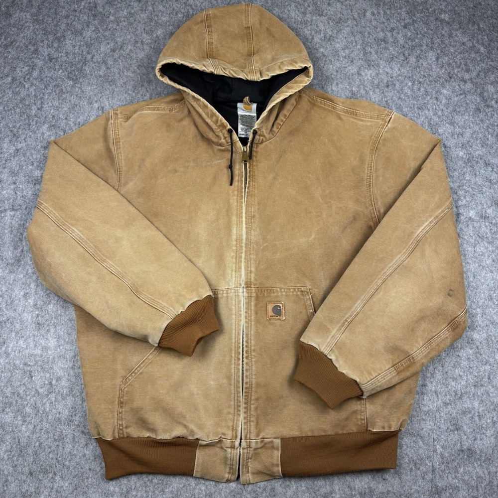 Carhartt J160 Active Jacket Mens 2XL Brown Distressed Hooded Workwear